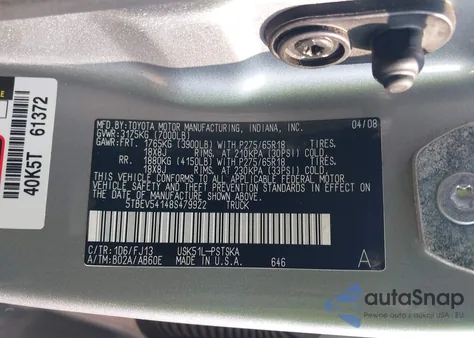 2008 Toyota Tundra Sr5 5.7L V8 z USA, uszkodzony, nr VIN 5TBEV54148S479922